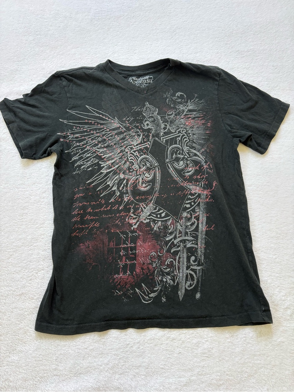 100% Cotton Y2K Black Graphic Crewneck T-Shirt with Winged Shield Design